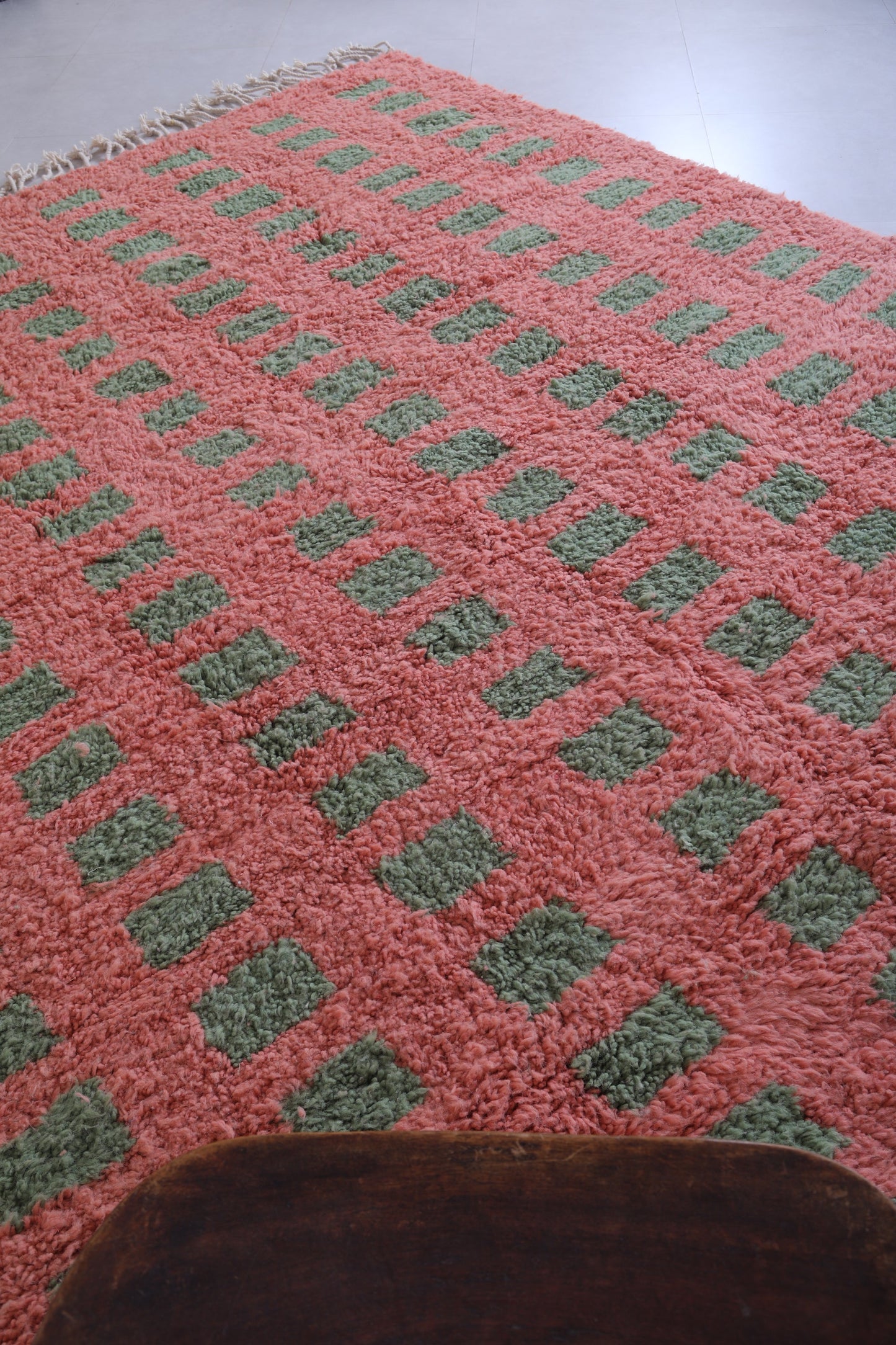 Custom Moroccan carpet Red with green squares - Handmade Berber rug shag