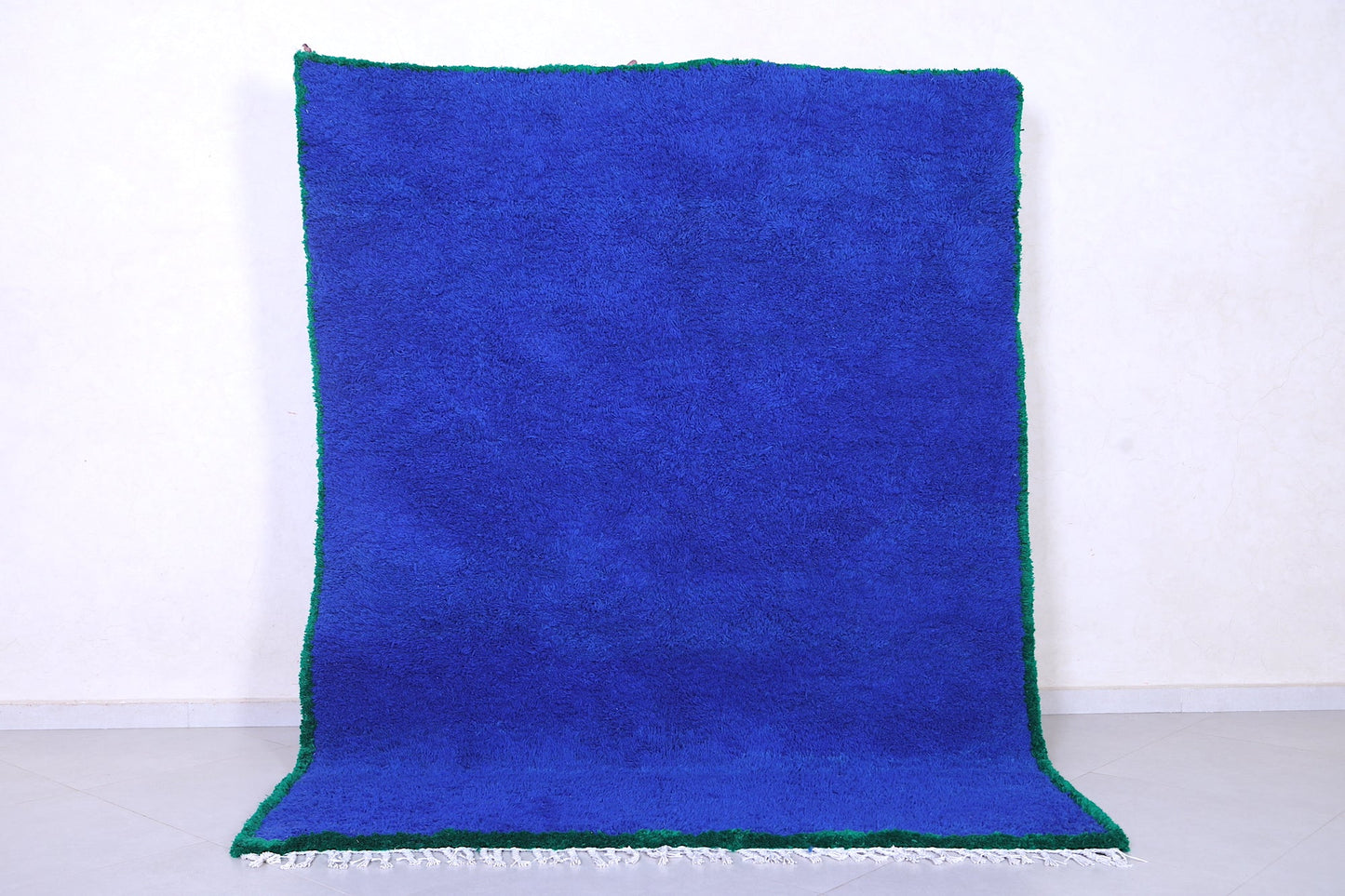 Blue custom rug with green borders - Handmade Moroccan solid rug