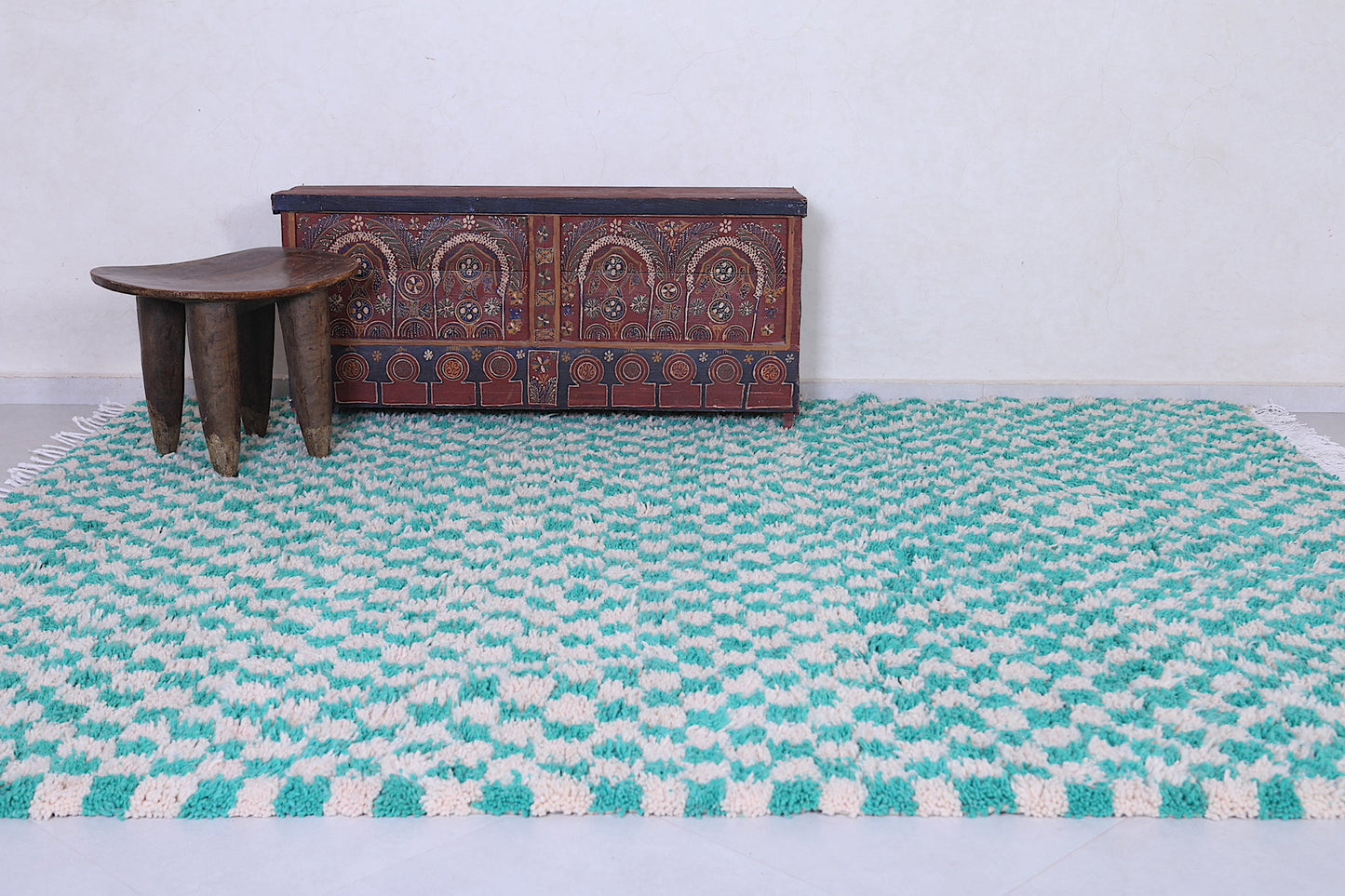 Moroccan Checkered rug, Green and white handmade carpet - Custom Rug