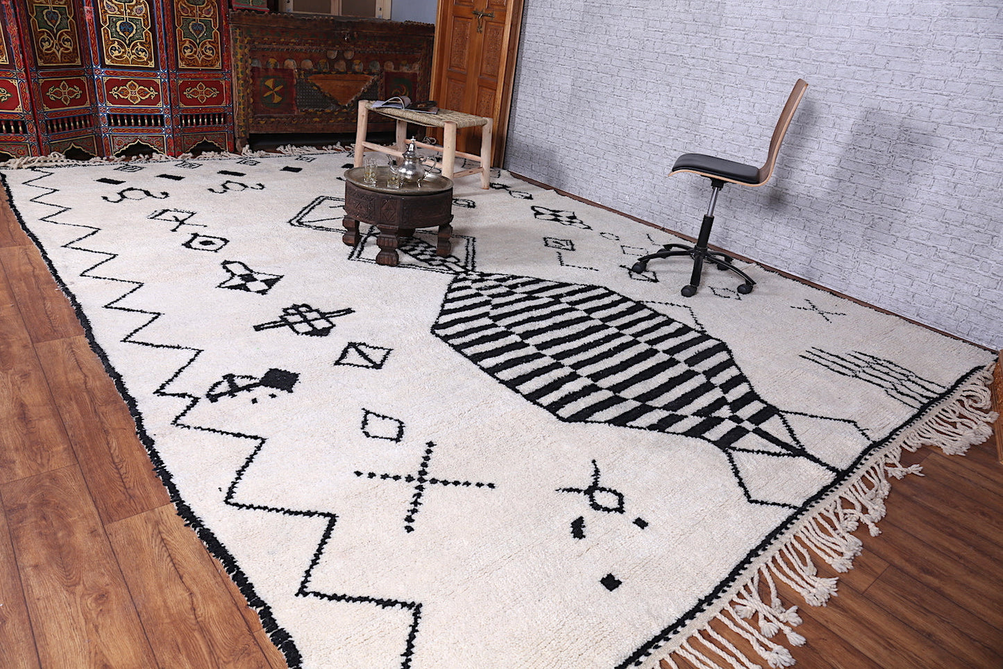 All wool berber rug , Black and white beni ourain carpet - Custom Rug